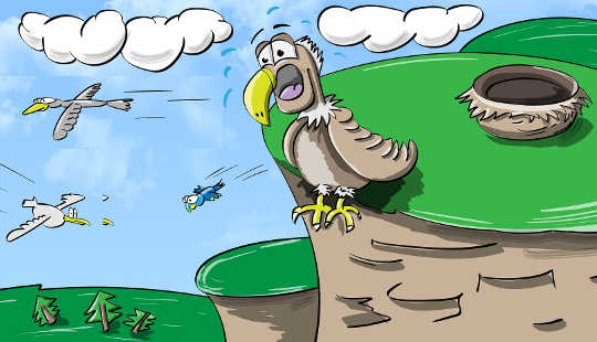 caricature of a baby bird getting ready to fly off a cliff