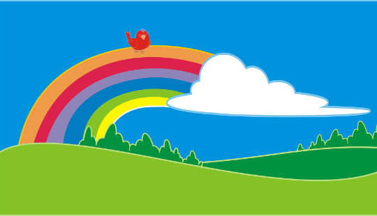 a bright and vivid drawing of a rainbow over a grassy field