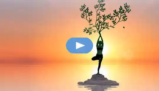 woman in a yoga tree pose with a tree growing out of the crown of her head